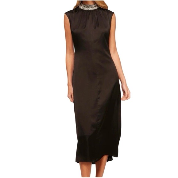 NWT MISA Kira Jeweled Neck Black Midi Cocktail Dress Sz M Classic Elegant $385 - Picture 1 of 6